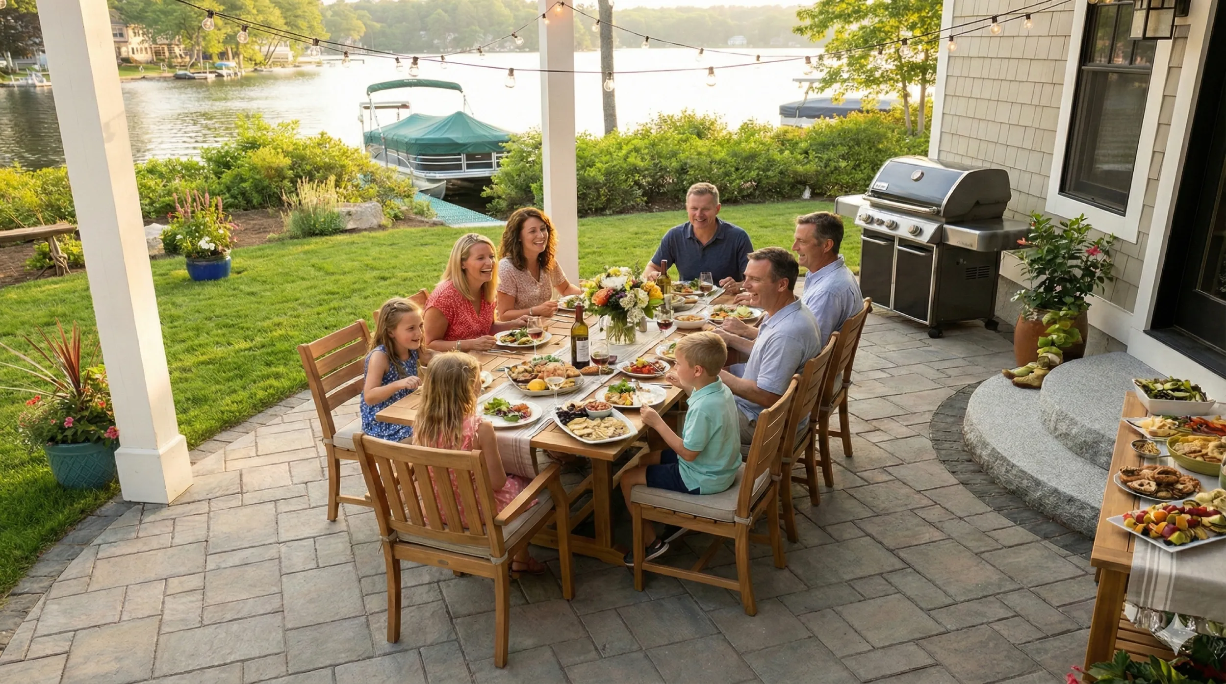 Family cookout on a paver patio at the lake
